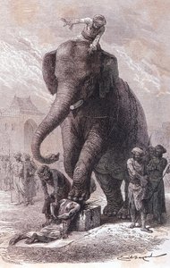 Hinrichtung in Indien: Verbrecher werden hingerichtet: Ihre Köpfe werden von einem Elefanten zerquetscht, der von seinem Karnac geführt wird, Gravur 1875 von Unknown artist