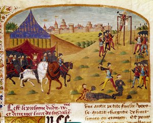 Hinrichtung von Verrätern Miniatur aus „Buch der Fakten von Alexander dem Großen“ von Quintus Curtius Rufus (1. Jahrhundert), ca. 1468. (Ms 1335) Reims, Stadtbibliothek