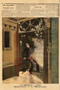 Explosion in der Kirche La Madeleine in Paris, der anarchistische Verbrecher, das einzige Opfer, erleidet die Folgen seiner eigenen Bombe. Gravur in „Le petit journal“ 26/03/1894. Sammlung Selva.