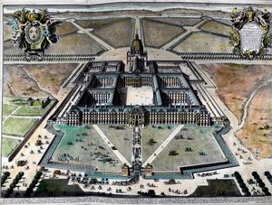 Außenansicht des Hôtel des Invalides in Paris im 18. Jahrhundert. Gravur des 18. Jahrhunderts. Private Sammlung.
