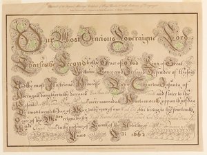Faksimile der originalen Heiratsurkunde von Karl II. und Katharina von Portugal