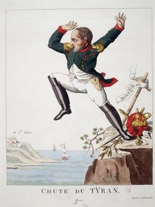 Sturz des Tyrannen: Napoleon springt vom Mount St. John (Die Schlacht von Waterloo) zur Insel St. Helena - in „Napoleon 1., Karikaturen, Dummysammlung“ von Unknown artist