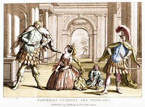 Farinelli (Carlo Broschi, genannt; 1705 - 1782) mit der Sopranistin Cuzzoni und dem Kastraten Francesco Bernardo Senesino (1680 - 1750) in der Oper von Georg Friedrich Händel von Unknown artist