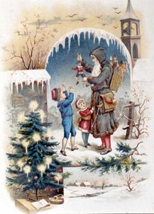 Weihnachtsmann mit Kindern. Chromolithographie von 1892
