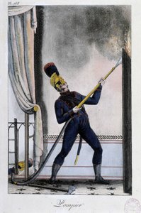 Feuerwehrmann mit Wasserlanze, löscht ein Feuer - um 1830