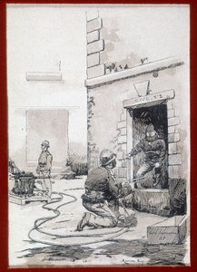 Feuerwehrleute: Feuerlöschgerät aus Kellern. Gravur 19. Jahrhundert von Unknown artist