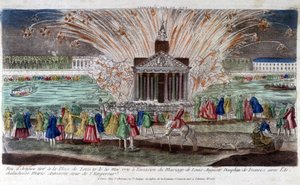 Feuerwerk am Place de Louis XV am 30. Mai 1770, anlässlich der Hochzeit von Louis Auguste, Dauphin von Frankreich, mit Erzherzogin Marie Antoinette, Schwester des Kaisers