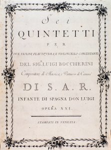 Erste Seite der Partitur von „Sei quintetti per due violini flauto viola e violoncello“ von Luigi Boccherini