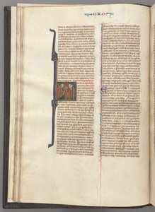 Fol. 20v, Exodus, historisierte Initiale H, Moses und zwei Anhänger mit den Gesetzestafeln