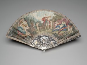Faltfächer mit "Adonis von Cupids zu Venus geführt," nach Francesco Albani, Montierung ca. 1720er-1730er, Wachen und Stäbe ca. 1740er-1750er