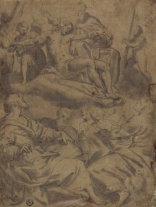 Vier Evangelisten und die Vision Gottes, der den toten Christus mit den Leidenswerkzeugen hält von Unknown artist
