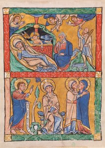 Vier Szenen aus dem Neuen Testament: Die Verkündigung und der Besuch (unten); Die Geburt Christi und die Verkündigung an die Hirten (oben)