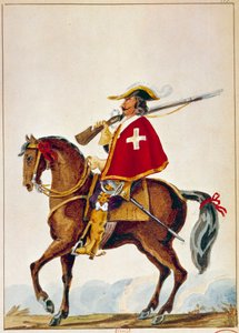 Französische Armee: De Valmont, Musketier der Garde von Kardinal Richelieu. Gravur des 17. Jahrhunderts