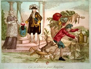 Französische Revolution: „Es wird nicht immer dauern“: Bauer von einem Prälaten und einem Adligen überwältigt. Gravur des 18. Jahrhunderts. B.N., Paris.