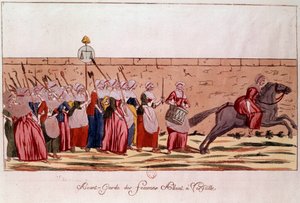 Französische Revolution von 1789: Avantgarde der Frauen auf dem Weg nach Versailles am 5. Oktober 1789 (Gravur)