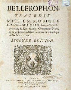 Frontispiz von „Bellerophon“, lyrische Tragödie in fünf Akten mit einem Prolog von Jean Baptiste Lully (Giovanni Battista Lulli) (1632-1687). 1714