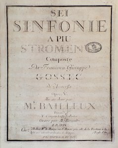 Frontispiz der Partitur für Sei sinfonie a piu strumenti op. 5 (erste Symphonie) von Francois Joseph Gossec