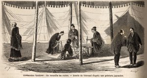 Beerdigungszeremonien: nach der Einäscherung, Sammlung der Überreste. Gravur zur Illustration der Reise nach Japan 1863-1864, von Aimé Humbert, Minister der Schweizerischen Eidgenossenschaft, in „Le tour du monde, nouveau journal des voyages“ von Unknown artist