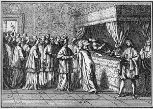 Begräbnis eines Papstes im 18. Jahrhundert: Anerkennung des Leichnams des verstorbenen Papstes. Gravur in „Geschichte der Religionen“