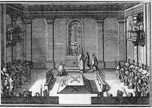 Beerdigung eines Papstes im 18. Jahrhundert: die Zeremonie der Obsequien. Gravur in „Geschichte der Religionen“