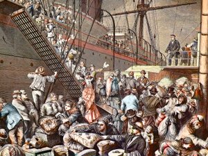 Deutsche Auswanderer nach New York, die 1874 auf einem Hamburger Dampfer einschiffen, Gravur - (Deutsche Emigranten) von Unknown artist