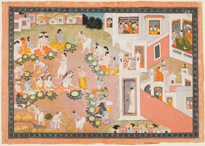 Götter, Rishis und Dämonen beim Fest zur Geburt Ramas, aus einem Ramayana