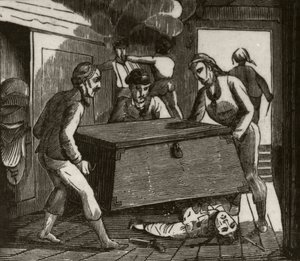 Gordon und seine Gefährten drücken den französischen Kapitän mit einer großen Truhe zu Tode, ca. 1836