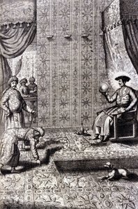 Großmogul (wahrscheinlich Aurangzeb (1618-1707), auch bekannt als Alamgir): der Thronsaal. „De China Monumenta“ von Athanasius Kircher (1601 - 1680), Jesuit, Orientalist und deutscher Gelehrter, Amsterdam 1667.