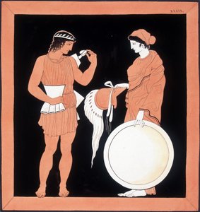 Griechische Mythologie: Andromache überreicht ihrem Ehemann die Waffen. von Unknown artist
