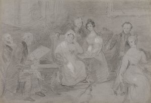Gruppe von Figuren, mit einem Mann, der Aquarelle malt, und einem Mädchen, das Teetassen reicht von Unknown artist