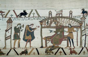 Harold, der nach England zurückkehrte, nach seiner Gesandtschaft beim Herzog Wilhelm dem Eroberer (1027-1087), erzählte seine Reise König Edward dem Bekenner (Detail)