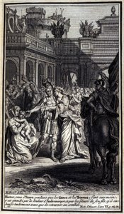 Hektor, der nach Troja kam, während die Griechen und Trojaner in ihren Händen waren, wurde von der Trauer Andromaches und dem Weinen seines Sohnes, den er zärtlich küsste, bevor er in die Schlacht zurückkehrte, betrübt. Illustration aus Buch VI der Ilias v von Unknown artist