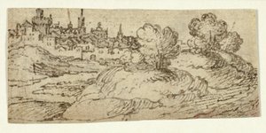 Hügelstadt mit Bäumen im Vordergrund von Unknown artist