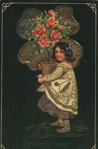 Historische Grußkarte mit einem Kind und einer großen Topfpflanze, Rose