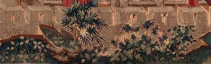 Geschichte von St. Piat und St. Eleuthère, Szene 5 Detail links unten. Stadtmauern und Büsche von Unknown artist