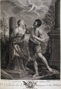 Die heilige Apollonia während der Verfolgungen, ihr werden die Zähne gebrochen, weil sie sich weigerte, den römischen Göttern zu huldigen. Gravur aus dem 17. Jahrhundert. von Unknown artist