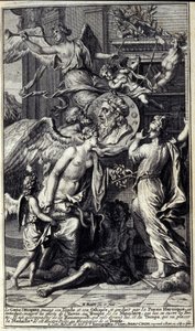 Homers Genie, der seine Ilias und seine Odyssee hält und von heroischer Poesie geführt wird, wird trotz der Bemühungen des Neids in den Tempel der Erinnerung eingeführt, der seine Türen öffnet. Er wird von der Berühmtheit begleitet, die vor ihm fliegt, und von Unknown artist