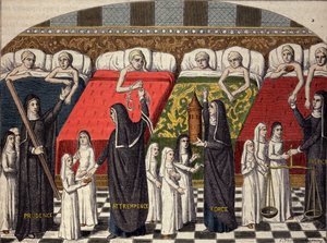 Krankenhauszimmer im Hôtel-Dieu in Paris. Gute Schwestern werden nach Tugenden benannt: Klugheit, Mäßigung, Stärke und Gerechtigkeit. Gravur nach einer Miniatur aus dem 15. Jahrhundert
