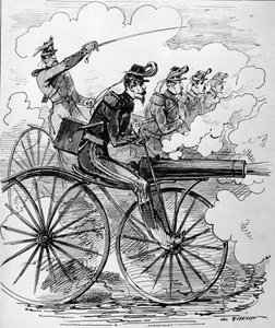 Humorvolle Gravur: Velocipedomanie angewendet auf Maschinengewehre - 19. Jahrhundert von Unknown artist