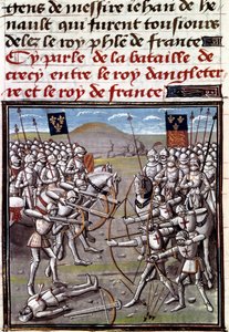 Hundertjähriger Krieg: Die Schlacht von Crécy am 26.08.1346 zwischen den Franzosen und den Engländern. Miniatur aus den Chroniken von Jean Froissart (1337-1400)