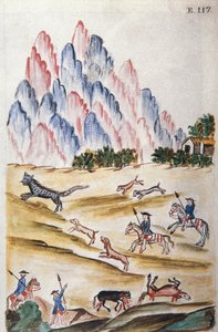 Jagd auf eine Wildkatze in den Bergen, aus dem Buch „Trujillo del Peru“ oder „Códice Martínez Compañón“, von Baltazar Martínez Compañón y Bujanda, Bischof von Trujillo (1782-1785)