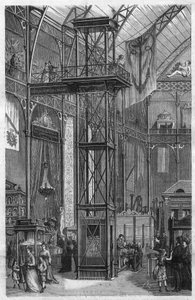 Hydraulischer Aufzug erfunden von Megy Echeverria und Bazan und ausgestellt auf der Internationalen Ausstellung für Fluss- und Seeindustrien im Palais de l
