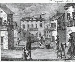 Il Campiello Akt I - Carlo Goldoni (1707-1793) - Stich aus dem 18. Jahrhundert von Unknown artist