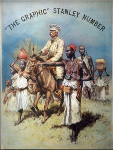 Illustration, die den Entdecker und Journalisten Henry Morton Stanley (1841-1904) während einer seiner Expeditionen darstellt. Chromolithographie