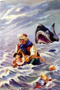 Illustration der Pinocchio-Geschichte von Carlo Collodi: Pinocchio und Gepetto werden von einem riesigen Fisch verfolgt von Unknown artist