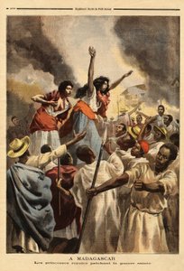 In Madagaskar predigen die königlichen Prinzessinnen (die Schwester und Tante der Königin) den heiligen Krieg gegen Frankreich. Gravur in „Le petit journal“ 9/09/1894. Selvas Sammlung. von Unknown artist