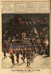 Einweihung des Hafens von Tunis, in Anwesenheit der französischen Minister Raymond Poincare (1860-1934) und Eugene Guerin (1849-1929). Gravur in „Le petit journal“ 10/06/1893. Sammlung Selva