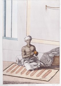 Indische Kultur, Zivilisation und Gesellschaft: Musiker mit traditioneller indischer Perkussion. Gravur von 1808. von Unknown artist
