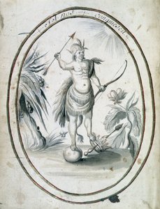 Indianer von Kanada mit seinem Bogen und Pfeilen - Frontispiz des Manuskripts „Dialogue or Interview of a French with a Savage“ von Unknown artist