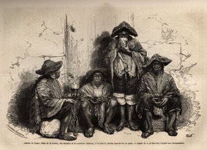 Inder aus Cuzco (Peru), gekleidet in Manta, Sandalen und traditionellem Sombrero, beschäftigt als Arbeiter für die Ausbeutung von Guano-Ablagerungen auf den Chincha-Inseln, trinken Shisha, aber fermentierten Brandy. Gravur zur Illustration Les iles Chincha von Unknown artist